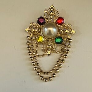 Elegant Gold Multicolor Brooch Rhinestones Dangling Chains